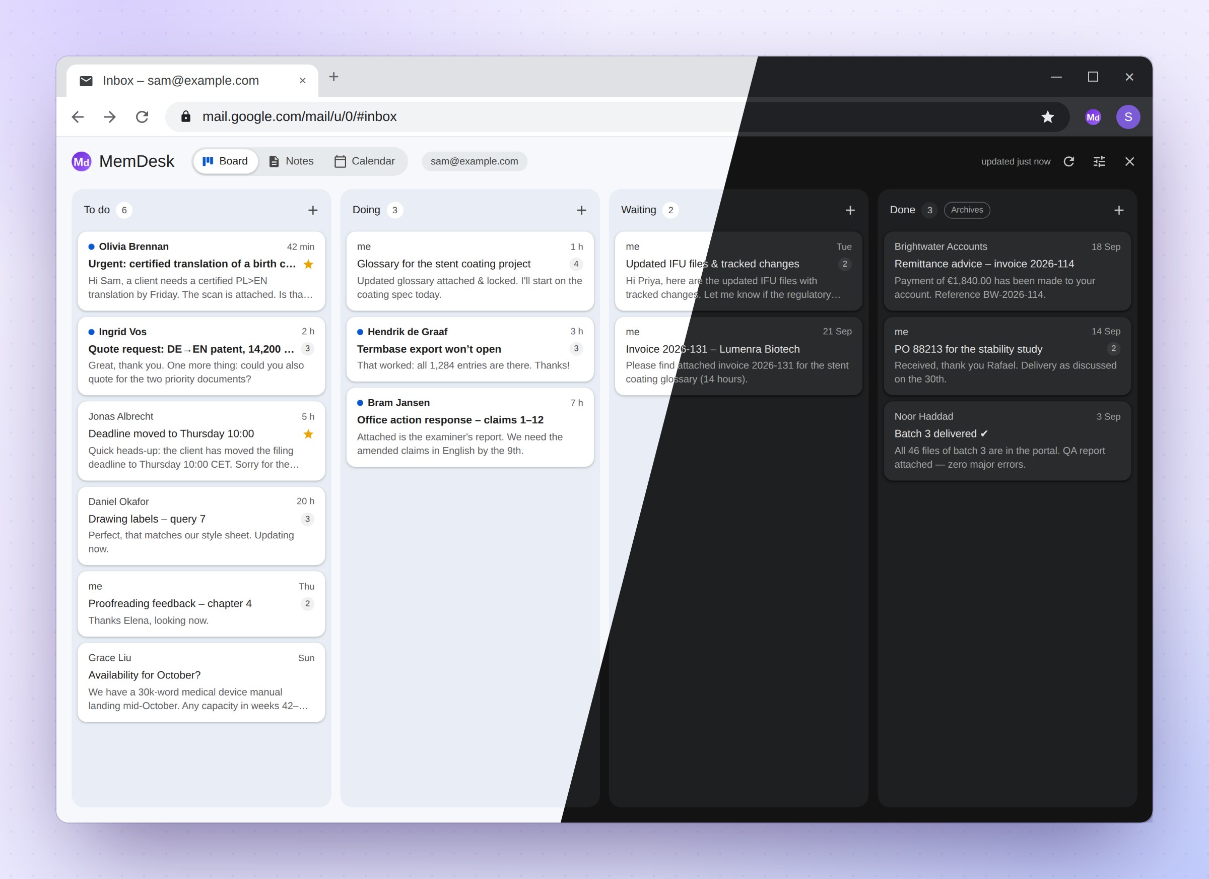 The board in Gmail: To do, Doing, Waiting and Done, half in light mode and half in dark