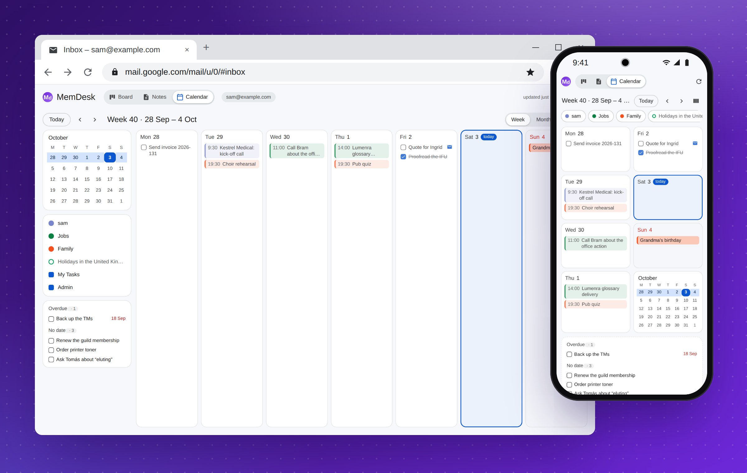 The calendar in Gmail: a week of events and tasks beside a small month, and on a phone the same week as two columns of days