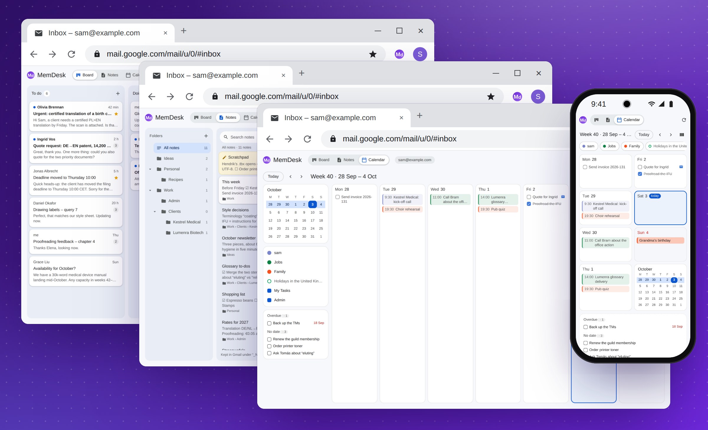 MemDesk in three Chrome windows - the board, the notes and the calendar - with the phone app's week in front of them