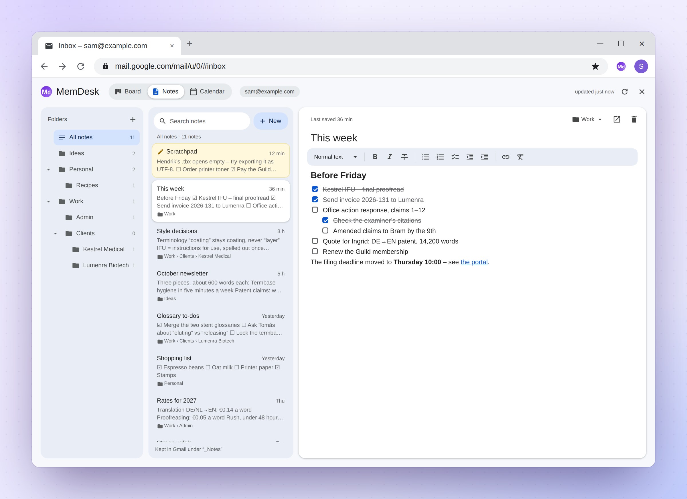 The notes: nested folders on the left, the list in the middle, a checklist note open on the right